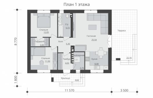 Проект одноэтажного жилого дома с террасой